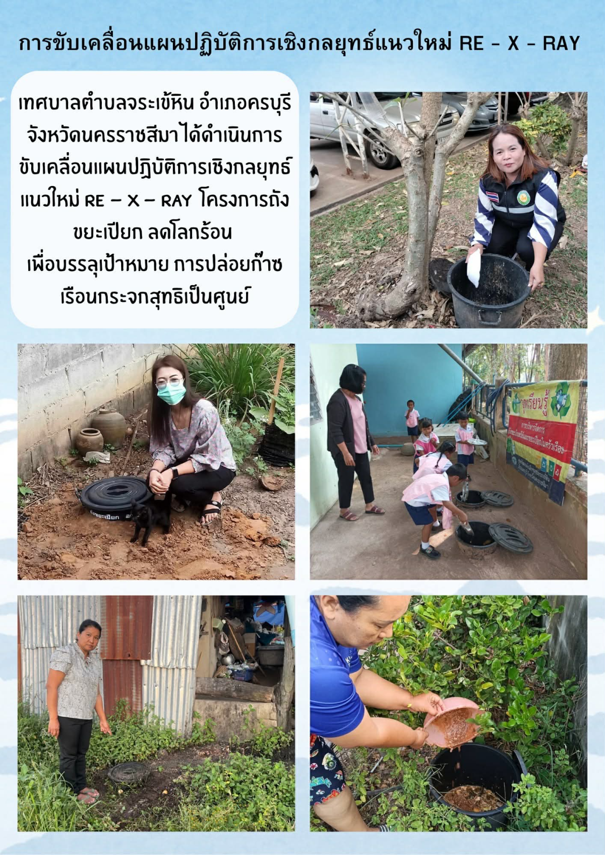 เทศบาลตำบลจระเข้หิน อำเภอครบุรี จังหวัดนครราชสีมา ได้ดำเนินการขับเคลื่อนแผนปฏิบัติการเชิงกลยุทธ์แนวใหม่ RE - X - RAY  โครงการถังขยะเปียก ลดโลกร้อน  เพื่อบรรลุเป้าหมาย การปล่อยก๊าซเรือนกระจกสุทธิเป็นศูนย์